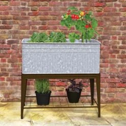 Galvanized Trough Style Raised Bed Planter On Rustic Stand -Gardeners Edge Sales 83479 2