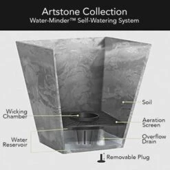 Self-Watering Ella ArtStone Square Grey Planter, 12" -Gardeners Edge Sales vp ella cutaway 1 2